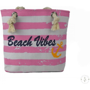 Ein rosa-weiß gestreifter XS Shopper „Beach Vibes“ Maritim Streifen Anker mit dem Text „Beach Vibes“ in Schwarz und einer gelben Ankergrafik. Die Tasche hat Seilgriffe, die durch Metallösen an der Oberseite gefädelt sind.