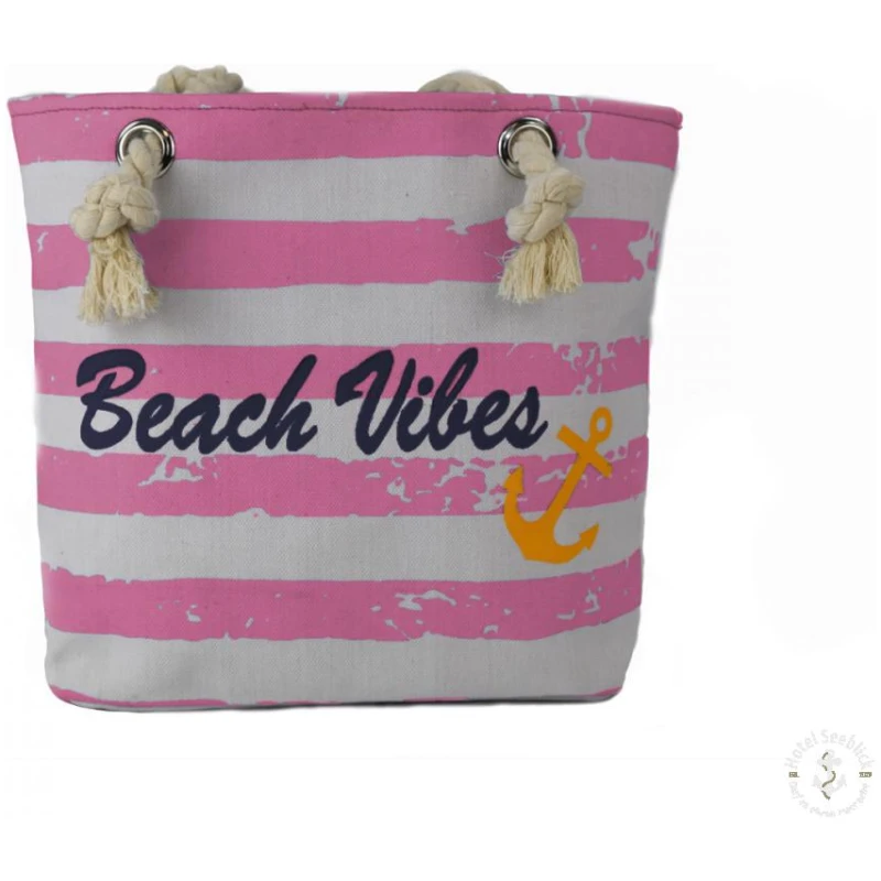 Ein rosa-weiß gestreifter XS Shopper „Beach Vibes“ Maritim Streifen Anker mit dem Text „Beach Vibes“ in Schwarz und einer gelben Ankergrafik. Die Tasche hat Seilgriffe, die durch Metallösen an der Oberseite gefädelt sind.