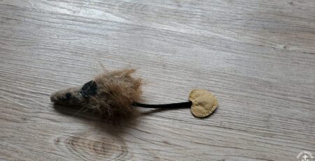 Eine kleine, flauschige Spielzeugmaus mit einem Körper aus Kunstfell, schwarzen Nähten für Augen und Nase und einem langen Schwanz mit einer lederartigen, herzförmigen Spitze, die als entzückendes Fundstück auf einem Holzboden liegt.