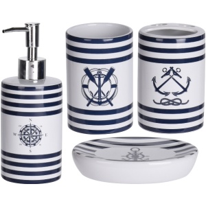 Maritimes Badezimmer Set aus Keramik 4teilig Aufbewahrungslösung, badezimmer, Keramik, Seifenspender, Zahnbürste