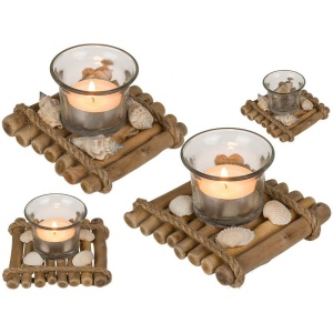 Glas-Teelichthalter auf Holzfloß mit Muscheln Deko Teelicht