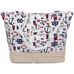 Eine weiße Einkaufstasche „Strandtasche Weiss Maritim“ mit nautisch inspirierten Motiven wie Ankern, Steuerrädern, Leuchttürmen, Rettungsringen, Seilen und Flaggen. Die Tasche hat dicke weiße Seilgriffe und einen beigen Boden.