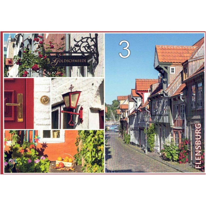 Eine Collage von Bildern aus Flensburg, die an eine bezaubernde Reihe von Postkarten mit Motiven aus Flensburg und Umgebung erinnert, zeigt eine Straße mit traditionellen Häusern, eine rote Tür mit Messinggriff, eine dekorative Straßenlaterne, ein Schild mit der Aufschrift „Goldschmiede“ und einen Obstkorb auf einer mit Blumen geschmückten Veranda. Die Zahl „3“ ist deutlich zu sehen.