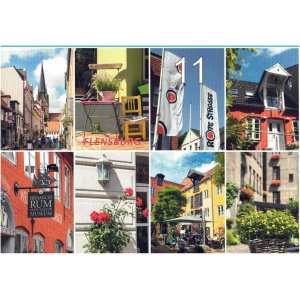 Eine Collage aus farbenfrohen Straßenfotos aus Flensburg, Deutschland, die lebendigen Postkarten mit Motiven aus Flensburg und Umgebung ähneln. Die Bilder zeigen enge Straßen, ein Café mit Sitzgelegenheiten im Freien, Flaggen mit der Nummer „11“ und „ROTE STRASSE“, ein Schild des Braasch Rum-Museums, blühende Blumen und charmante alte Gebäude mit viel Grün.