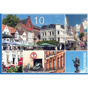 Eine Collage aus sechs Bildern zeigt die Stadt Flensburg. Sie zeigt charmante historische Gebäude, ein Straßencafé, ein Parkverbotsschild mit einem Fahrrad und eine Statue, die einen Dreizack hält. Die Zahl „10“ ist oben in der Mitte deutlich zu erkennen, unten rechts steht „FLENSBURG“ – eine Erinnerung an alte Postkarten mit Motiven aus Flensburg und Umgebung.