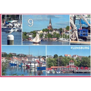 Eine Collage von Flensburg, die an klassische **Postkarten mit Motiven aus Flensburg und Umgebung** erinnert. Sie zeigt eine Möwe auf einem Pfosten, Segelboote auf dem Wasser, eine Ansicht der Stadt mit einem markanten Kirchturm, eine Nahaufnahme von Seilen auf einem Boot und einen Yachthafen mit Gebäuden mit roten Dächern. Oben links steht die Zahl „9“ und oben rechts „Flensburg“.