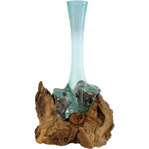 Glas Vase mundgeblasen auf Wurzelholz Höhe 25cm Glas auf Wurzelholz Vase