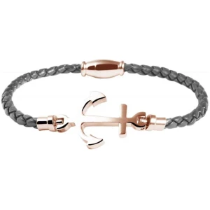 Ein Armband mit einem roségoldfarbenen Ankeranhänger in der Mitte und einem grauen geflochtenen Lederband. Das Akzent Edelstahl Fußkettchen, Ankeranhänger, Gold, das auch als Fußkettchen getragen werden kann, hat ein schlichtes und modernes Design mit metallischen Akzenten an den Enden des Ankers und einem roségoldenen Verschluss.