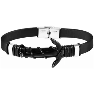 Ein schwarzes Lederarmband mit einem silbernen Verschluss und einem ankerförmigen Mittelstück. Der Anker ist mit einer schwarzen Kordel umwickelt und von silbernen Akzenten flankiert, was ihm ein nautisches Thema verleiht, das an eine Akzent Edelstahl Fußkette, Ankeranhänger, Gold für Ihr Handgelenk erinnert.