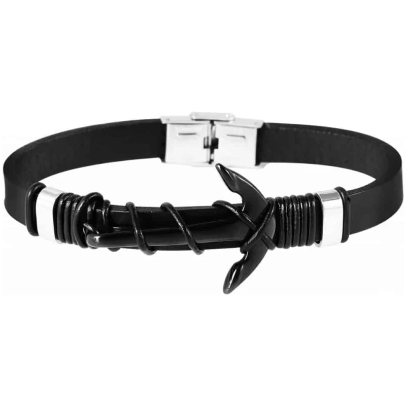 Ein schwarzes Lederarmband mit einem silbernen Verschluss und einem ankerförmigen Mittelstück. Der Anker ist mit einer schwarzen Kordel umwickelt und von silbernen Akzenten flankiert, was ihm ein nautisches Thema verleiht, das an eine Akzent Edelstahl Fußkette, Ankeranhänger, Gold für Ihr Handgelenk erinnert.