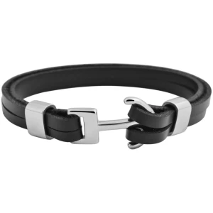 Ein elegantes, schwarzes Akzent Echtlederarmband mit Edelstahlelement Anker, Schwarz mit einem silbernen Metallverschluss in H-Form. Das Armband hat ein modernes und minimalistisches Design, wobei das Leder durch den Verschluss geschlungen und von silbernen Verschlüssen auf beiden Seiten gehalten wird.