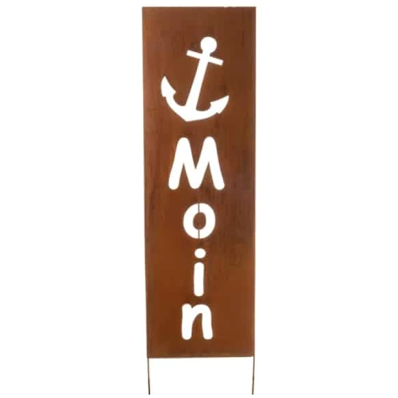 Holzschild mit einem Anker und dem Wort Moin in weißer Schrift auf braunem Hintergrund, ideal für maritime Dekoration.