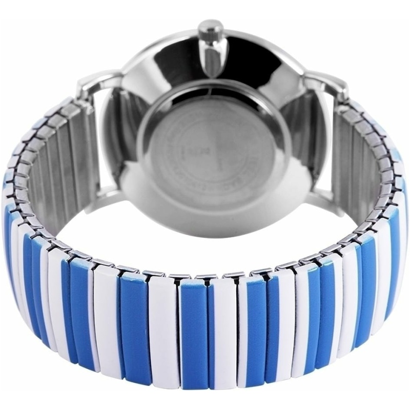 Die Excellanc Armbanduhr mit Zugarmband, Edelstahl, Anker hellblau verfügt über ein Edelstahlgehäuse und ein dehnbares Metallarmband mit abwechselnd blauen und weißen Gliedern. Das Zifferblatt ist nicht sichtbar, da das Bild von der Rückseite aufgenommen wurde. Dieses Edelstahlwunder wurde für Komfort und Stil entworfen und verspricht Eleganz auf jeden Blick.