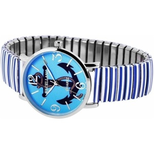 Eine Armbanduhr mit blauem Zifferblatt und schwarz-weißem Flugzeugdesign. Sie hat silberne Stundenmarkierungen und Zeiger, wobei die Zahlen 3, 6, 9 und 12 hervorgehoben sind. Die Uhr hat ein silber-weiß gestreiftes Zugarmband aus Metall. Der Markenname „Excellanc Armbanduhr mit Zugarmband, blau“ ist auf dem Zifferblatt sichtbar.