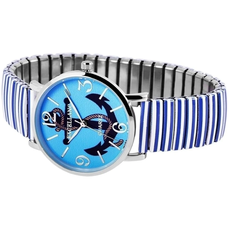 Eine Armbanduhr mit blauem Zifferblatt und schwarz-weißem Flugzeugdesign. Sie hat silberne Stundenmarkierungen und Zeiger, wobei die Zahlen 3, 6, 9 und 12 hervorgehoben sind. Die Uhr hat ein silber-weiß gestreiftes Zugarmband aus Metall. Der Markenname „Excellanc Armbanduhr mit Zugarmband, blau“ ist auf dem Zifferblatt sichtbar.