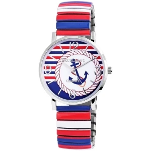 Dieses Bild zeigt eine Excellanc Damenarmbanduhr mit Edelstahlzugband Rot - Blau - Weiss mit nautischem Thema. Das runde Zifferblatt zeigt ein Ankerdesign mit einem rot-weißen Seil darum. Das Band weist rote, weiße und blaue Streifen auf, während die Zahlen 3, 6, 9 und 12 auf dem Zifferblatt hervorgehoben sind.