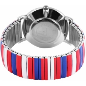 Das Bild zeigt die Rückansicht einer Excellanc Damenarmbanduhr mit Edelstahlzugband Rot - Blau - Weiss mit Edelstahlgehäuse und Metallarmband mit abwechselnd roten, weißen und blauen vertikalen Bändern. Die Uhr ist so positioniert, dass der Verschluss und die Innenseite des Bandes sichtbar sind.