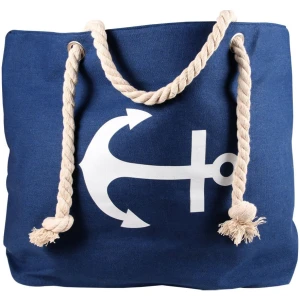 Eine marineblaue Canvas-Einkaufstasche hat auf der Vorderseite ein großes weißes Anker-Design. Die Tasche hat dicke, gedrehte Seilgriffe, die ihr ein nautische Thema verleihen. Die Seilgriffe sind an den Enden verknotet, was für zusätzliche Details sorgt. Kombinieren Sie sie mit einer gemütlichen Strickmütze, Long Beanie, Slouch Mütze, blau weiß Anker Wellen maritim für einen perfekten Seemann-Look.