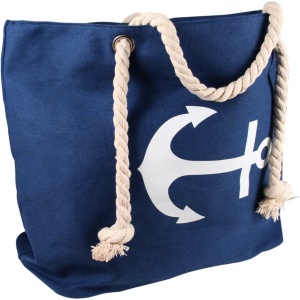 Eine marineblaue Canvas-Tragetasche mit einem weißen Anker-Design auf der Vorderseite. Die Tasche verfügt über robuste, gedrehte Seilgriffe mit geknoteten Enden, die ihr ein nautisches Thema verleihen. Kombinieren Sie sie perfekt mit Ihrer Lieblings-Strickmütze Long Beanie Slouch Mütze blau weiß Anker Wellen maritim für einen stilvollen Seemann-Look.