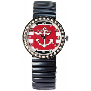 Eine stilvolle Donna Kelly Damenuhr mit Zugarmband, maritim, blau mit einem roten Ankerdesign auf dem Zifferblatt und dem Markennamen „Donna Kelly“. Die Uhr hat silberne Ziffern und eine Metalllünette, die mit kleinen funkelnden Edelsteinen verziert ist. Das Band ist metallisch schwarz und verstellbar mit einem dehnbaren, glatten Finish.