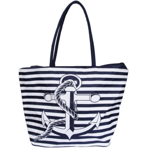 Strandtasche aus Textil, maritim, blau-weiss mit Anker und Tau