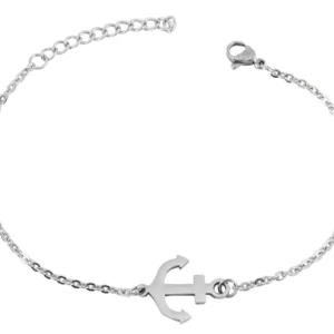 Akzent Armband, Edelstahl, Anker, silber mit einem ankerförmigen Anhänger in der Mitte. Das Armband verfügt über eine verstellbare Kettenverlängerung und einen Karabinerverschluss zum Befestigen. Das Design ist minimalistisch und elegant und eignet sich für lässige und formelle Anlässe.