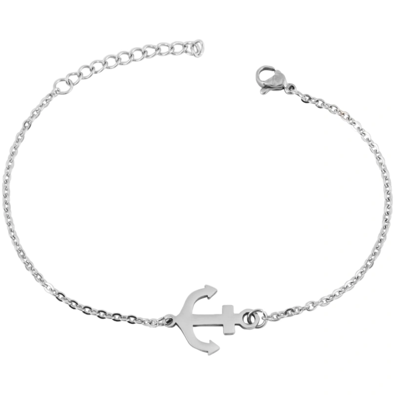 Akzent Armband, Edelstahl, Anker, silber mit einem ankerförmigen Anhänger in der Mitte. Das Armband verfügt über eine verstellbare Kettenverlängerung und einen Karabinerverschluss zum Befestigen. Das Design ist minimalistisch und elegant und eignet sich für lässige und formelle Anlässe.