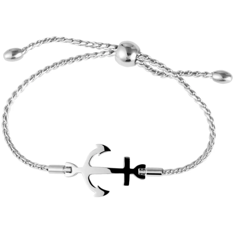 Ein silbernes Akzent Kettenarmband aus Edelstahl, Silber mit einer geflochtenen Kette und einem Ankeranhänger mit integriertem Kreuz. Das Armband hat einen verstellbaren Verschluss mit zwei kleinen kugelförmigen Enden.