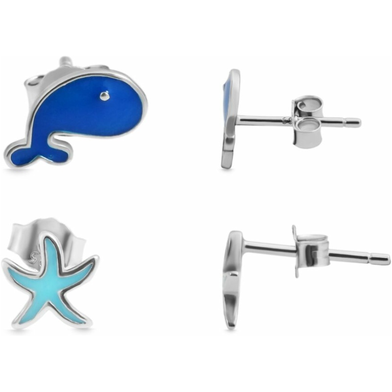 Abgebildet sind vier Ansichten von 925/- Echt Silber Kinder-Ohrstecker, Delfin und Seestern, 925/rhodiniert. Ein Ohrring hat die Form eines blauen Wals mit metallischem Finish, von vorne und von der Seite gezeigt. Der andere Ohrring ist ein türkisfarbener Seestern mit metallischem Finish, ebenfalls von vorne und von der Seite gezeigt.