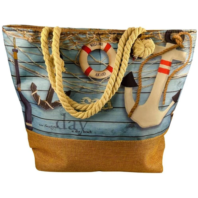 Eine Einkaufstasche mit Strandmotiv „Strandtasche Maritim Anker“ ca. 50 x 38 x 17 cm mit nautischen Motiven. Die Tasche enthält Bilder eines Ankers, eines Rettungsrings mit dem Text „Willkommen an Bord“ und verschiedener Seile auf einem verwitterten Holzhintergrund. Sie hat dicke Seilgriffe und einen hellbraunen Boden.