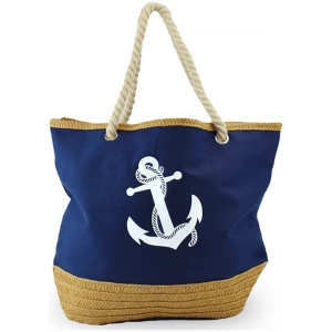 Eine marineblaue Strandtasche „Annabelle“ Shopper Anker Bast mit einem großen weißen Ankermotiv in der Mitte und beigen Seilgriffen. Der Boden der Tasche weist eine gewebte strohähnliche Textur auf, perfekt für Strandausflüge.