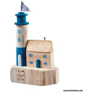 Leuchtturm/Haus Holz 18x31x8cm, natur/blau
