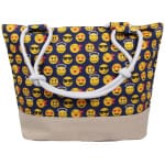 Eine blaue Einkaufstasche Strandtasche blau Emoticon ca. 48 cm x 35 cm, verziert mit verschiedenen Smiley-Emojis, die Ausdrücke wie Lächeln, Sonnenbrillen und Herzaugen zeigen. Die Tasche hat stabile weiße Seilgriffe und einen beigen Boden.