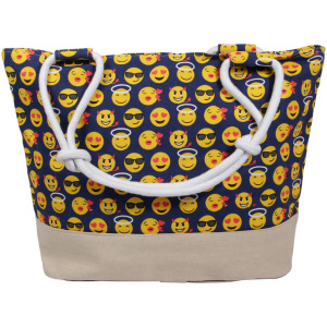 Eine blaue Einkaufstasche Strandtasche blau Emoticon ca. 48 cm x 35 cm, verziert mit verschiedenen Smiley-Emojis, die Ausdrücke wie Lächeln, Sonnenbrillen und Herzaugen zeigen. Die Tasche hat stabile weiße Seilgriffe und einen beigen Boden.