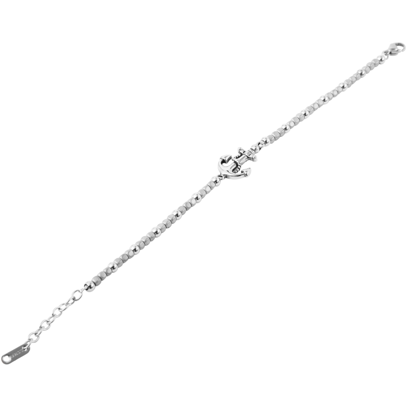 Ein zartes Armband aus Edelstahl, maritim mit Anker, mit einem kleinen Ankeranhänger in der Mitte. Das Armband besteht aus einer Reihe runder, polierter Perlen, die durch winzige Glieder miteinander verbunden sind, mit einem Verschluss an einem Ende zum Befestigen.