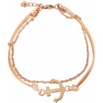 Ein zartes Armband mit einem Ankeranhänger aus Roségold. Der Anker ist an einer Kombination aus einer Roségoldkette und einer geflochtenen beigefarbenen Kordel befestigt und mit einem Karabinerverschluss gesichert. Das Design verbindet nautische Elemente mit der zeitlosen Eleganz von Akzenten aus Edelstahl.