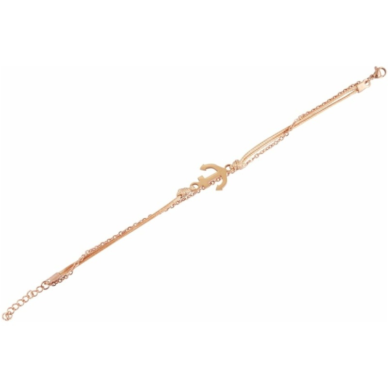 Ein zartes Armband aus Roségold mit einem Ankeranhänger in der Mitte. Der Edelstahl-Ohrstecker „Steuerrad, Stein“ besteht aus einer feinen Edelstahlkette, hat einen verstellbaren Verschluss und kleine, dekorative Perlen auf beiden Seiten des Ankers.