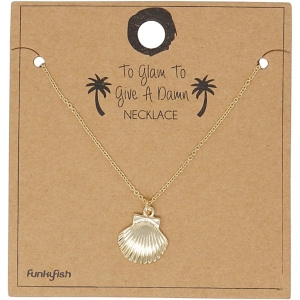 Ein Kreolenpaar, Edelstahl "Fischgräte" ist auf einer braunen Karte abgebildet. Die Karte zeigt oben zwei Palmenillustrationen und den Text "To Glam To Give A Damn NECKLACE". Unten links sind der Markenname "funkyfish" und "Edelstahl" aufgedruckt.