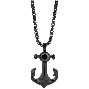 Schwarze Anker-Halskette mit glänzendem Stein, modisches Schmuckstück für Herren und Damen, ideal für maritime Stile.