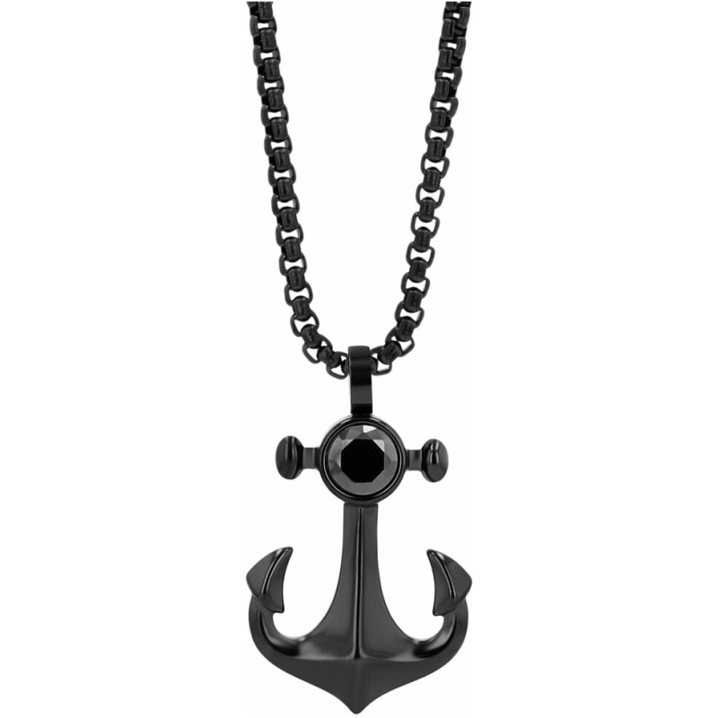 Schwarze Anker-Halskette mit glänzendem Stein, modisches Schmuckstück für Herren und Damen, ideal für maritime Stile.