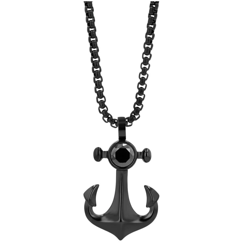 Schwarze Anker-Halskette mit glänzendem Stein, modisches Schmuckstück für Herren und Damen, ideal für maritime Stile.