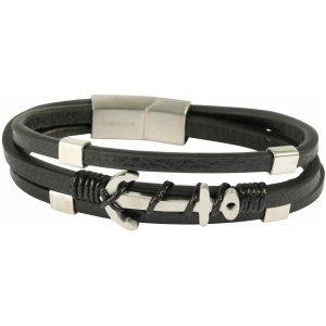 Ein stilvolles schwarzes Lederarmband „Arian“ aus Lederimitat mit Anker, das mehrere Stränge hat und mit einem kleinen silbernen Ankeranhänger und Metallverschlüssen geschmückt ist. Das Design umfasst eine gewickelte schwarze Kordel und polierte Metallakzente und verbindet nautische und moderne Ästhetik.