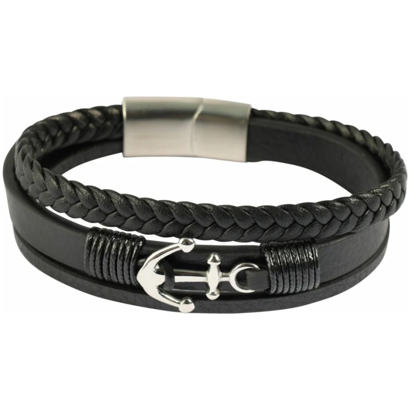 Ein „Arian“-Armband aus Lederimitat mit Anker mit geflochtenen und glatten Bändern, mit einem silbernen Ankeranhänger und einem Metallverschluss. Der Ankeranhänger ist aufwendig gestaltet und wird mit schwarzen Fäden, die um das Lederband gewickelt sind, an Ort und Stelle gehalten.