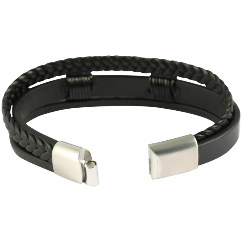 Ein schwarzes „Arian“-Armband aus Lederimitat mit Anker, das auf der einen Seite ein geflochtenes Design und auf der anderen Seite ein glattes Band aufweist. Es hat metallische Enden, eines mit einem kleinen Verschluss, wahrscheinlich zum Befestigen des Armbands. Das Gesamtdesign ist schlicht und modern.