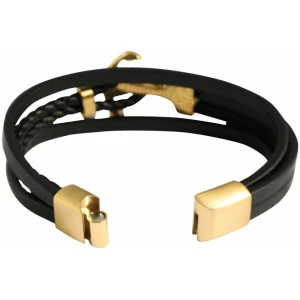 Ein elegantes schwarzes „Arian“-Armband aus Lederimitat mit Anker mit drei ineinander verschlungenen Lederimitat-Bändern und goldfarbenen Endkappen. Einer der Bänder hat ein geflochtenes Design und die goldfarbenen Endkappen verleihen einen Hauch von Eleganz. Der Verschlussmechanismus ist teilweise sichtbar.