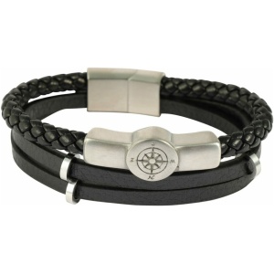 Ein stilvolles schwarzes geflochtenes „Arian“-Armband aus Lederimitat mit Anker und einem silbernen Kompassanhänger in der Mitte. Das Armband besteht aus mehreren Ledersträngen und hat einen eleganten silbernen Verschluss, wodurch es sich perfekt für jeden Anlass eignet.