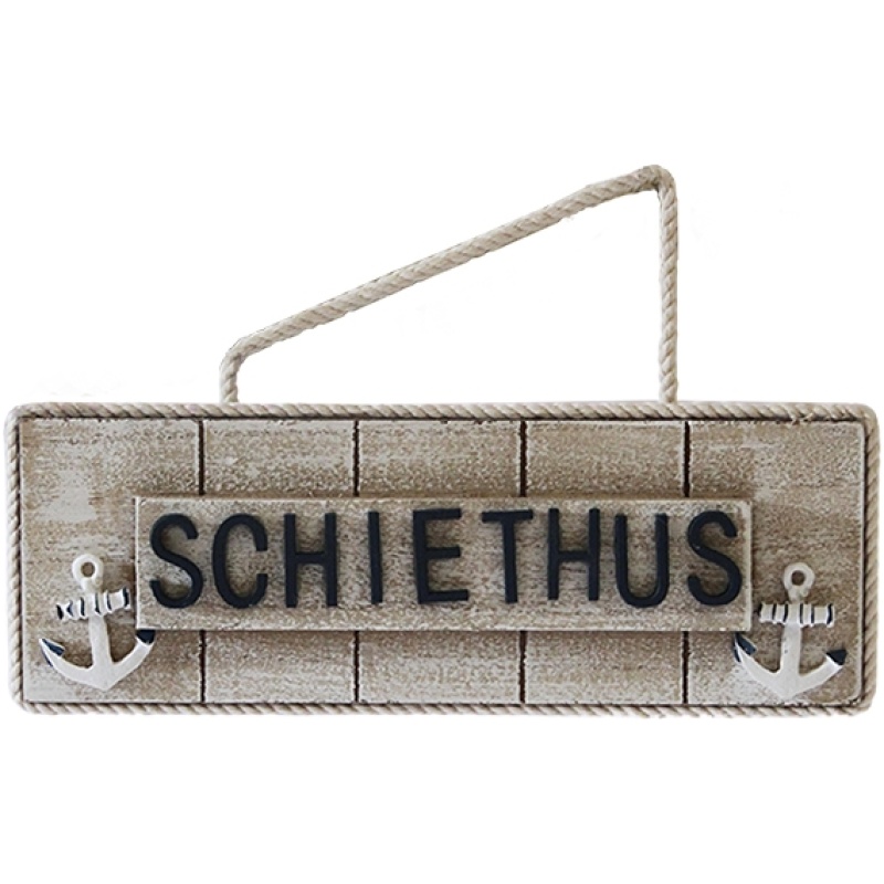 Ein rechteckiges Holzschild mit dem Spruch „DAT HEET MOIN“ in schwarzen Großbuchstaben. Das 44x30cm große Schild ist mit Seilen umrahmt und hat an jeder unteren Ecke zwei weiße Anker. Eine Seilschlaufe an der Oberseite ermöglicht das Aufhängen. Das Holz hat eine verwitterte Optik und verleiht der Platzdecke dadurch einen maritimen Charme.