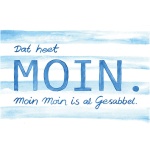 Ein Textbild mit blau-weiß gestreiftem Hintergrund, ideal als Platzdecke maritim "Dat heet moin" 44x30cm. Der Text lautet: "Dat heet MOIN. Moin Moin is al Gesabbel." Das größere Wort "MOIN" ist zentriert und in Großbuchstaben geschrieben, mit einem Punkt am Ende. Das Design ist in verschiedenen Blautönen gehalten.