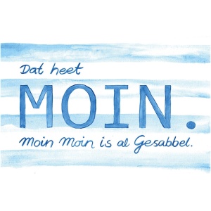 Ein Textbild mit blau-weiß gestreiftem Hintergrund, ideal als Platzdecke maritim “Dat heet moin” 44x30cm. Der Text lautet: “Dat heet MOIN. Moin Moin is al Gesabbel.” Das größere Wort “MOIN” ist zentriert und in Großbuchstaben geschrieben, mit einem Punkt am Ende. Das Design ist in verschiedenen Blautönen gehalten.