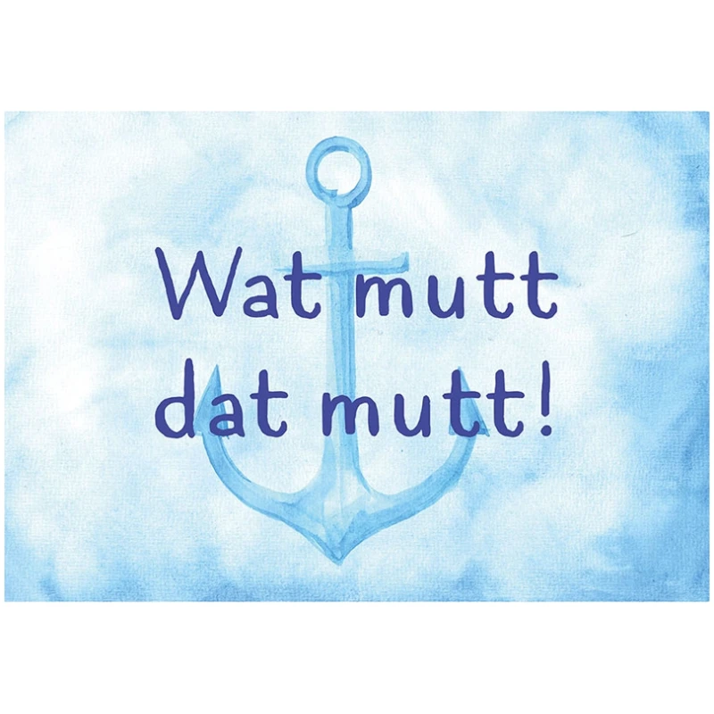 Ein hellblauer Hintergrund mit dem Text „Dat Heet Moin“ in blauen Lettern über einer maritimen Ankerillustration auf der Platzdecke maritim 44x30cm.